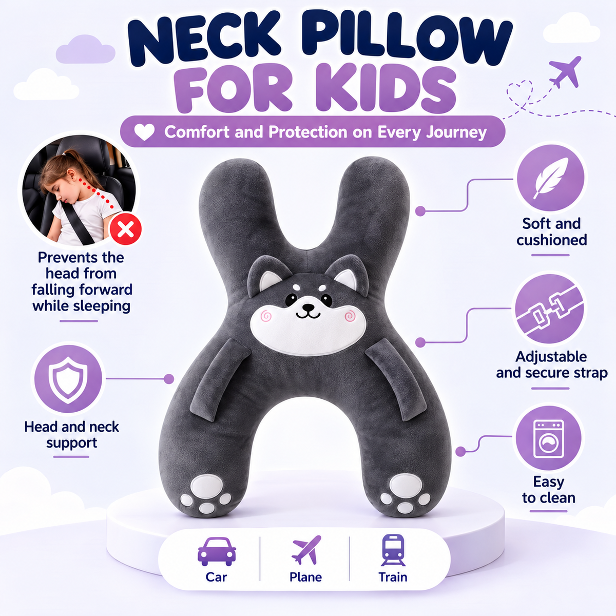 CuddleTrip™ Children's Travel Pillow with Head Support